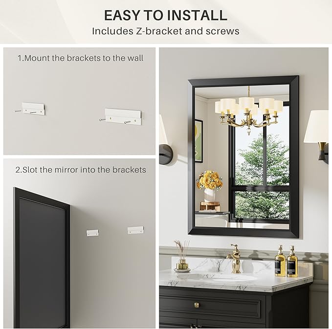 28x36 Inch Black Bathroom Mirror for Wall, Thick Metal Framed Rectangle Mirrors for Over Sink, Bedroom, Living Room, Entryway, Anti-Rust, HD Tempered Glass