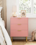 Night Stand,Tall Bedside Table with 3Storage Drawers,Pink nightstand,Bedside Furniture,Side Table with Gold Frame,Drawer Dresser for Bedroom,Living Room (Modern-3drawers, Pink)