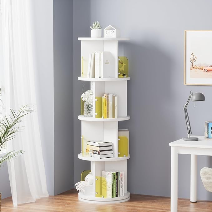 VECELO Rotating Bookshelf Tower, 360°Revolving Bookcase, Round Book Shelf Rotating, Stackable Storage Display Rack Floor Standing for Kids&Adults Solid Wood, White