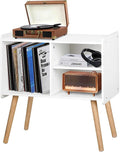 Mid-Century Record Player Stand, Vinyl Record Cabinet Holder with Storage Up to 100 Albums, Record Player Table for Living Room Bedroom Office, Turntable Stand with Wood Legs, White