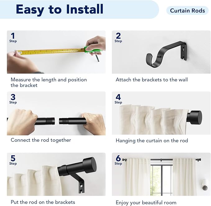2 Pack Curtain Rods for Windows 66 to 120 Inch(5.5-10ft), 1 Inch Black Heavy Duty Curtain Rod Set, Adjustable Extra Long Outdoor Drapery Rods for Patio, Size 32"- 120"