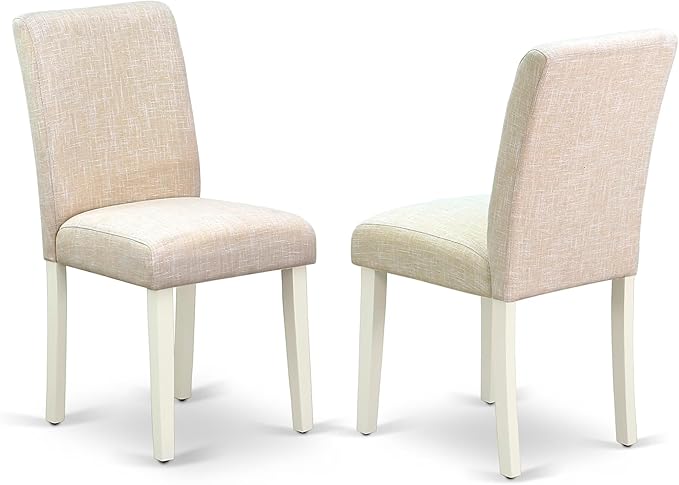 East West Furniture DMAB3-LWH-02 3 Piece Dining Table Set Contains a Round Dining Room Table with Dropleaf and 2 Light Beige Linen Fabric Upholstered Chairs, 42x42 Inch, Linen White