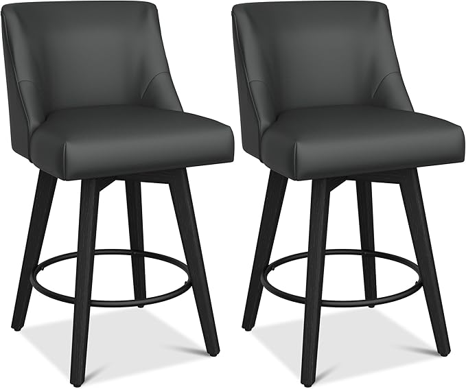 Counter Height Bar Stools Set of 2, Modern Swivel Barstools with Back and Wood Legs, Faux Leather Upholstered Counter Height Stools, 26" H Kitchen Island Stools,Home Bar, Black Grey