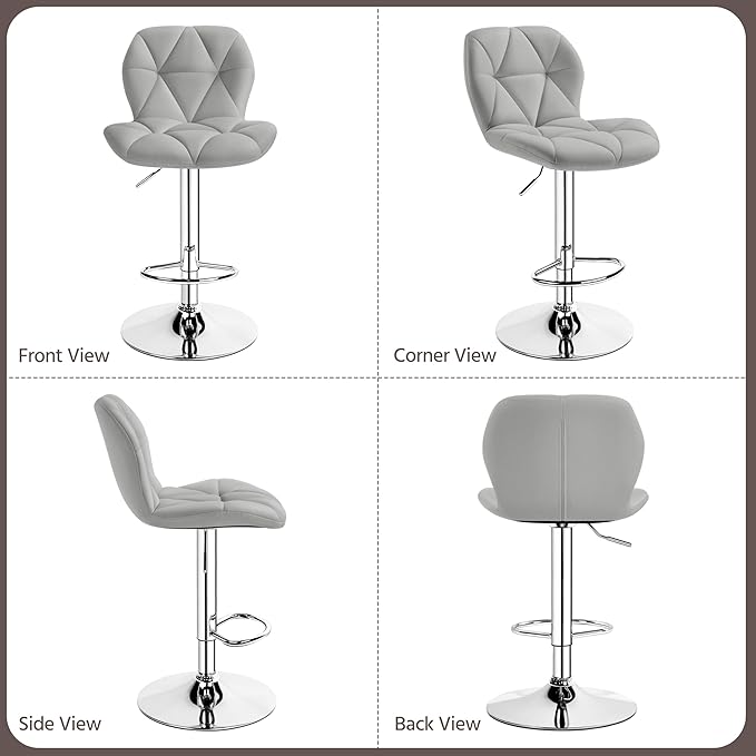 Yaheetech Bar Stools Set of 4, PU Leather Swivel Barstools, Height Adjustable Counter Stools with Backrest fot Kitchen Home Bar, Light Grey