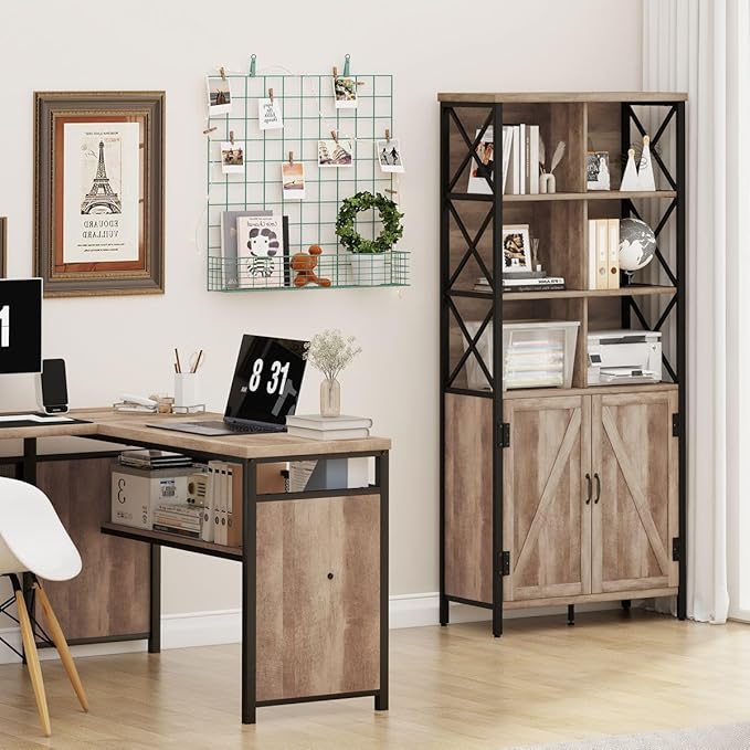 FATORRI Rustic Tall Bookshelf with Doors, Industrial Farmhouse Bookcase with Storage, 6 Cube Storage Organizer Book Shelf for Living Room, Home Office (Rustic Oak, 67 Inch)