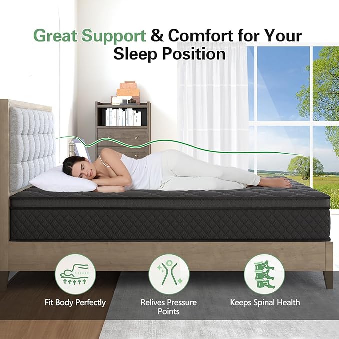 King Hybrid Mattress, 14 Inch Medium Mattress Euro Top for Back & Lumbar Support, 100 Night Trial, Individual Pocket Spring Bed for Motion Isolation & Pressure Relief
