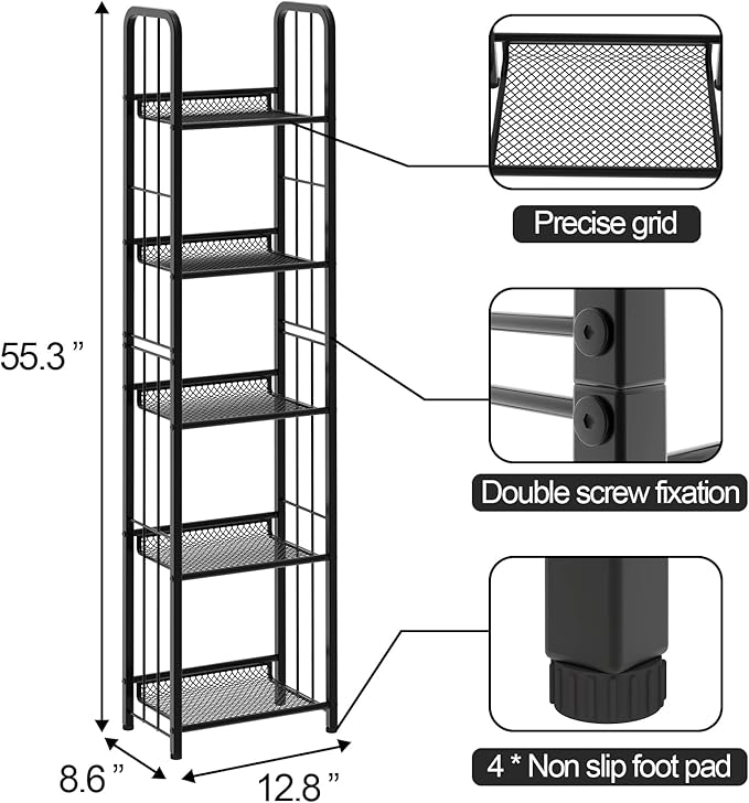 Bookshelf Storage Shelf Bookcase Freestanding Storage Stand for Living Room, Bedroom, Kitchen Rust Resistance Easy Assembly Free Combination Multi-Functional Organizer (5 Tiers, Black)