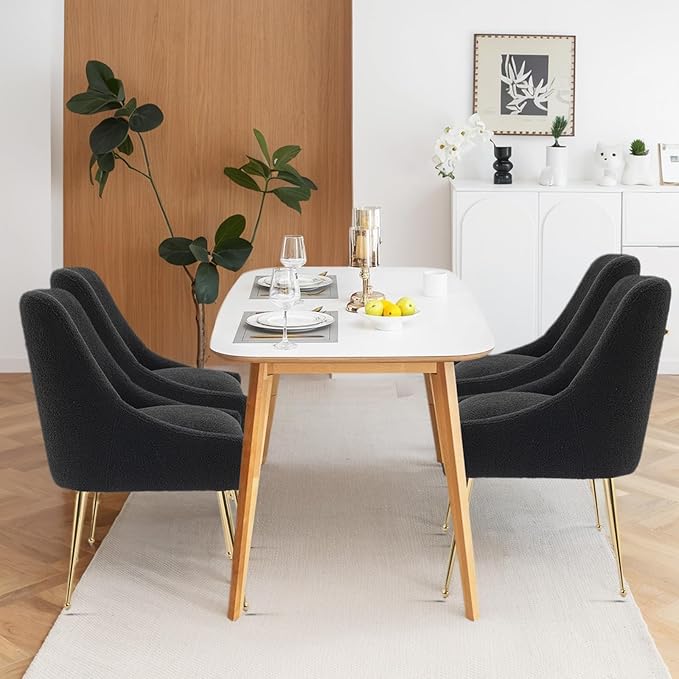 Dining Chairs Medieval Modern Restaurant Chairs, Soft Cushions, Teddy Velvet, Polished Gold Metal Legs, Kitchen Chairs, Living Room Black 6-Piece Set