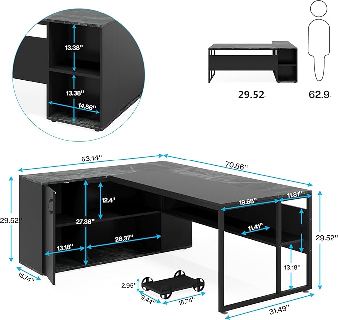Tribesigns 71 inch Executive Desk, L Shaped Desk with Cabinet Storage, Executive Office Desk with Shelves, Business Furniture Set Workstation for Home Office, Black