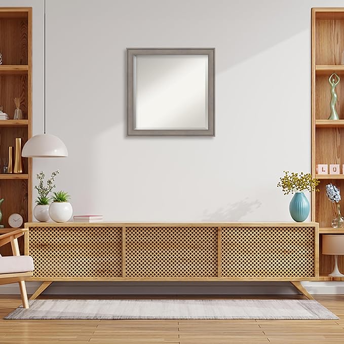 Amanti Art Grey Wall Mirror 24x24 Greywash Square Bathroom Mirror for Wall Decor Living Room, Medium Country Rustic Wood Frame, Hangs Horizonally and Vertically, Bathroom Decor, Beveled Edge
