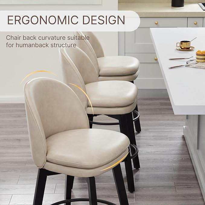 Counter Height Barstools 26 inch Upholstered Swivel Bar Stools with Back and Wood Legs for Kitchen Island,Set of 4,Beige PU Leather-Armless