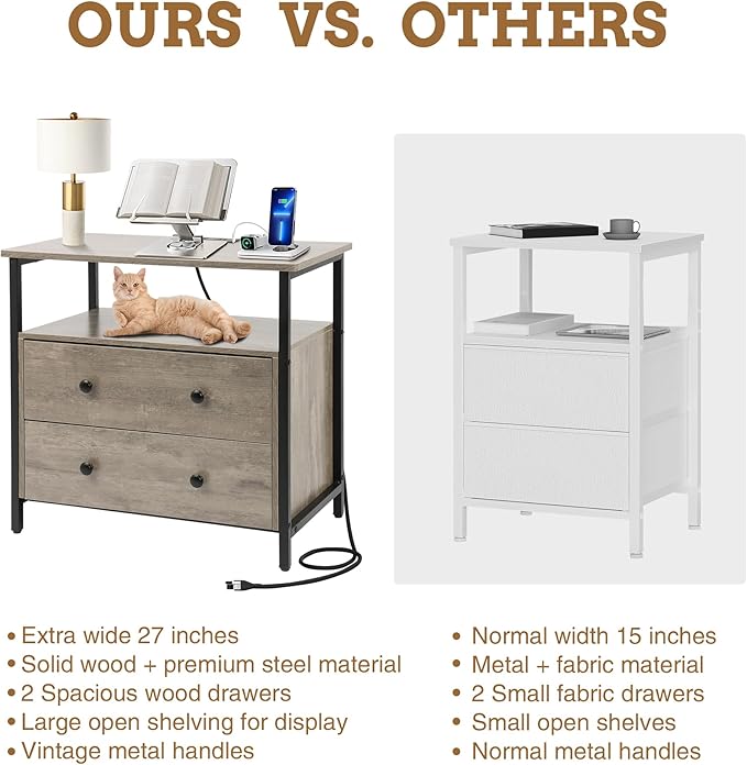 27 inch Wide Nightstand with Charging Station, Bedside Table with Open Shelf, 2 Drawers Small Wood Dresser, End Side Table for Bedroom (2 Pack,Rustic Gray)