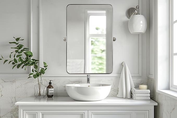 MOON MIRROR Brushed Nickel Pivot Mirror for Bathroom, Tilt Rounded Rectangle Bathroom Vanity, Overall 24.33 x 30 in (Mirror 20x 30 in)