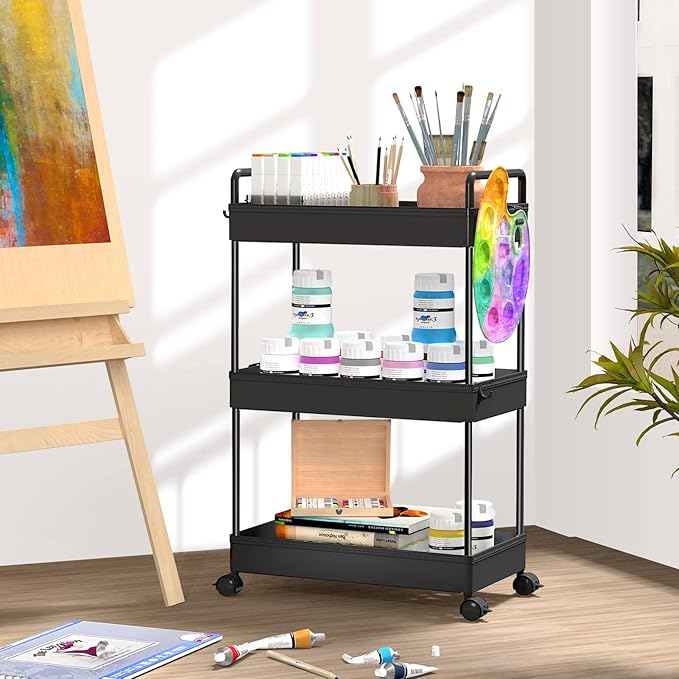 SOLEJAZZ 3 Tier Rolling Storage Cart with Wheels Slim Craft Nail Makeup Snack Art Baby Utility Cart Organizer on 2 Lockable Wheels for Bathroom Laundry Room Kitchen Bedside Narrow Spaces, Black