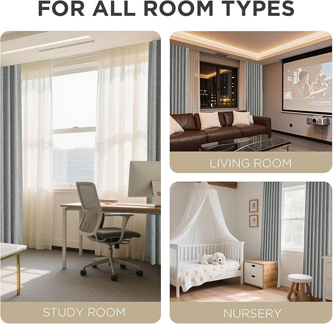 Joydeco 100% Blackout Curtains for Bedroom - Natural Linen Curtains 52" W x 72" L Long, Thermal Insulated 2 Panels Light Grey. Room Darkening Light Blocking Drapes for Living Room