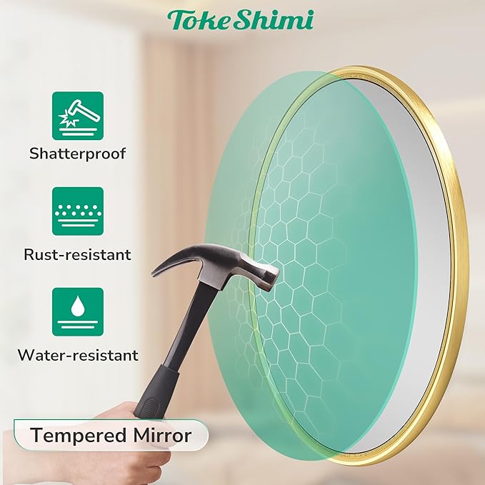 TokeShimi 18 in Brushed Gold Wall Mirror Framed Round Bathroom Mirror for Over Sink Shatterproof, 18 x 18 Farmhouse Mirror Circle Metal Wall Mirrored for Living Room, Entryway, Bedroom, Vanity