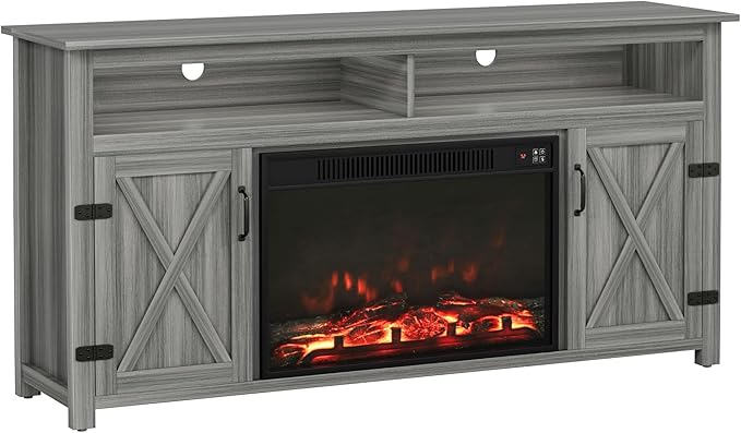 YESHOMY Fireplace TV Stand for Television up to 65+ Inch with Storage and Farmhouse Barn Doors, Entertainment Center with Cabinet and Shelves, Media Console for Living Room, Gray Wash