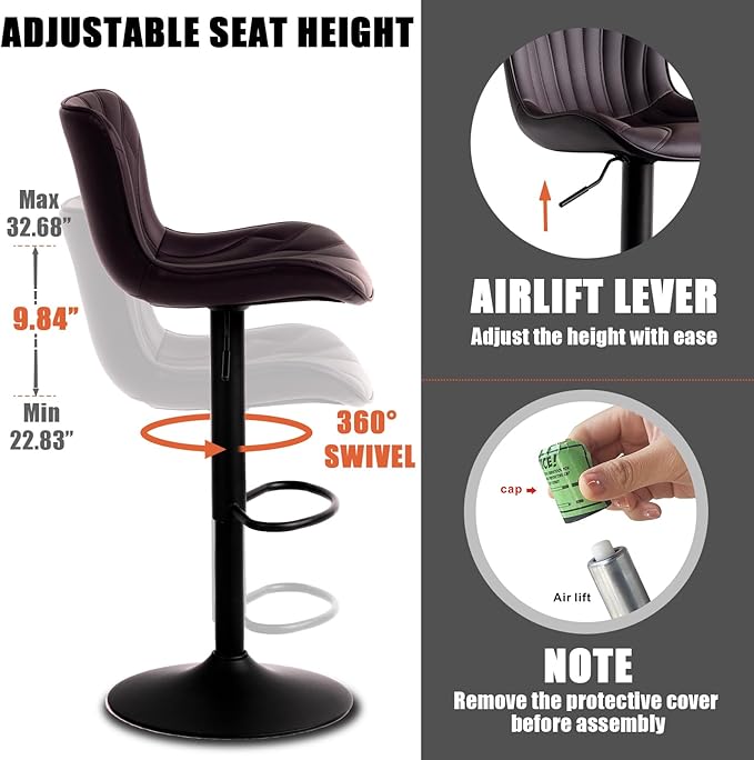 YOUNIKE Brown Bar Stools Set of 2 Modern Swivel Counter Height Bar Chair with High Back Adjustable Kitchen Faux Leather Padded Barstools Tall Breakfast Island Chairs Upholstered