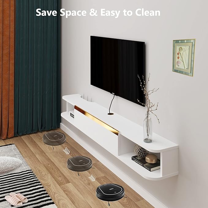 Floating TV Stand, 55'' Wall Mounted Entertainment Center TV Media Console, Floating Shelves with Door, Floating TV Cabinet Large Storage TV Bench for Living Room (White, 55.11IN)