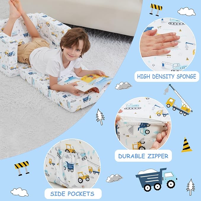 Viviland Kids Chairs for Toddler,2-in-1 Soft Toddler Couch Fold Out,Convertible Soft to Lounger Toddke Chair Comfy for Girls and Boys,White Bottom Excavator
