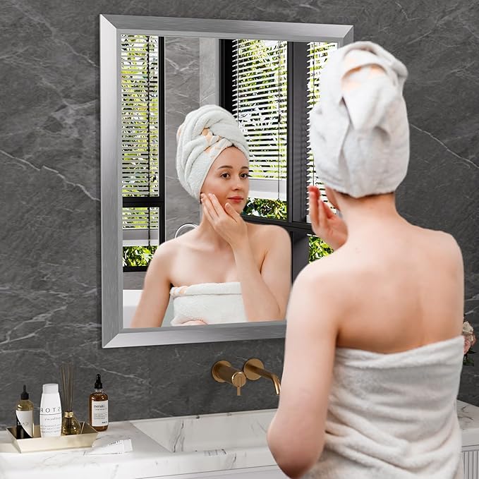 Amorho 20x30 Inch Bathroom Mirror Silver, Thick Metal Framed Wall Mirrors for Over Sink, Brushed Nickel Mirror Perfect for Bedroom, Living Room, Entryway, Rectangle (Horizontal/Vertical).