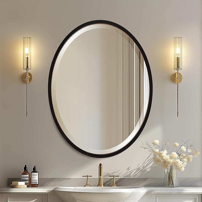 OVALCREST - Oval Wooden Beveled Wall Mirror for Home Decor, Bathroom, Vanity, Bedroom, Living Room, Hallway - London Style (Rubbed Black) 23.1 x 29.1