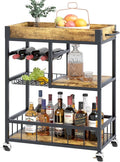 Bar Cart with Basket 3 Tiers Home Rolling Wine Rack with Wheels Mobile Kitchen Industrial Vintage Style Wood Metal Serving Trolley Serving Cart,Glass Holder Bar Cabinet