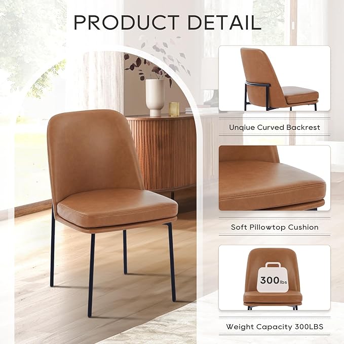 COLAMY Modern Dining Chairs Set of 2, Faux Leather Upholstered Kitchen Chairs with Curved Back & Metal Legs, Mid-Century Dining Room Chair (Brown)