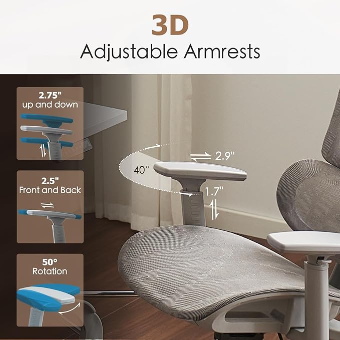 Ergonomic Mesh Office & Gaming Chair with Footrest, High Back Home Office Desk Chair, Comfortable Lumbar Support, 130° Tilt, Adjustable 3D Armrest & 2D Headrest (Grey)