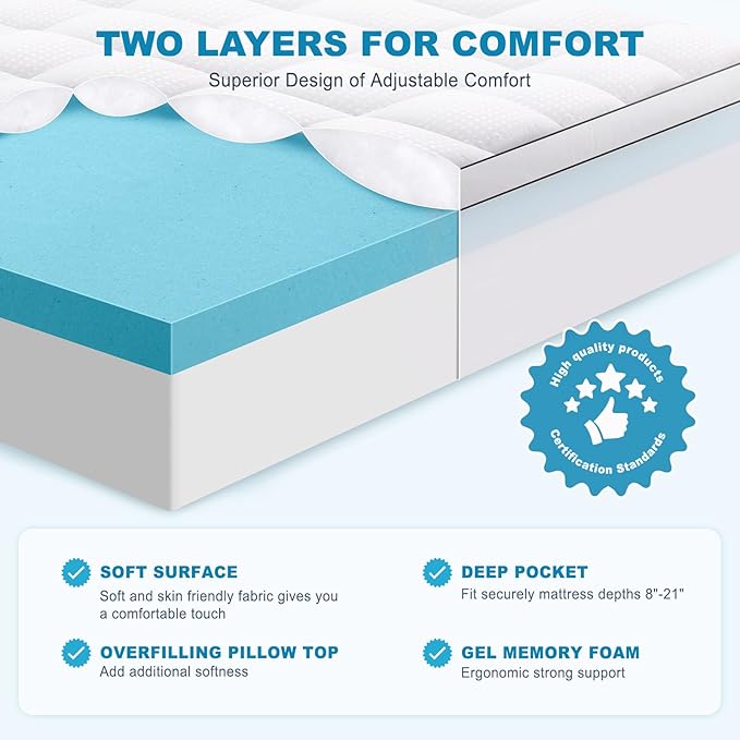 MASVIS Full Size Dual Layer 4 Inch Memory Foam Mattress Topper, 2 Inch Gel Memory Foam and 2 Inch Cooling Pillow Top Mattress Pad Cover for Back Pain, Medium Support