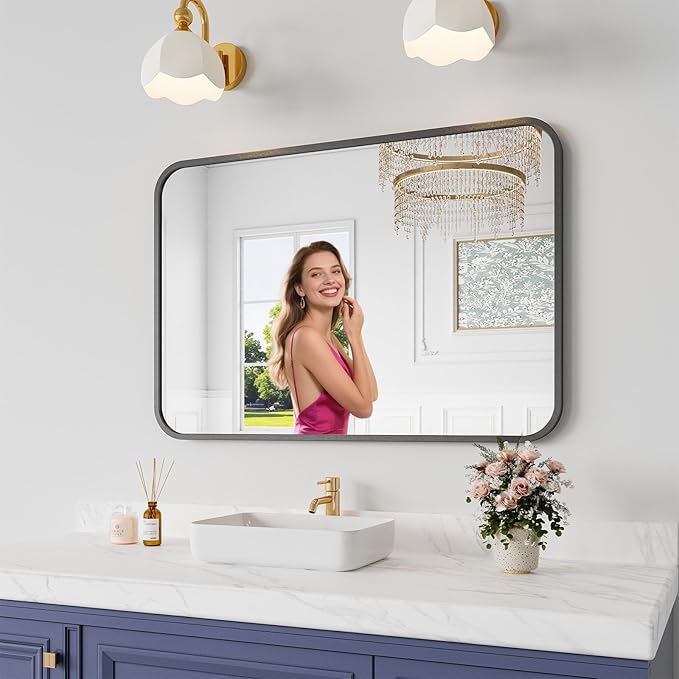 Bathroom Mirror, 26X38 Inch Black Metal Framed Mirror for Bathroom, Tempered Glass, Anti-Rust, Rounded Rectangle Mirror for Restroom, Bedroom, Black