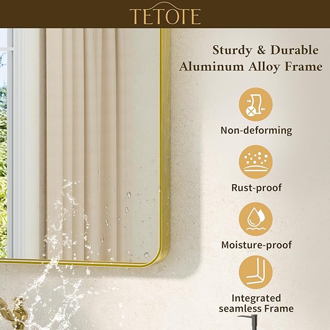 TETOTE Gold Vanity Mirror 42 x 36 Brushed Gold Metal Framed Vanity Mirror, Tempered Glass, Modern Farmhouse Wall Mounted Mirrors for Decorative(Horizontal/Vertical)