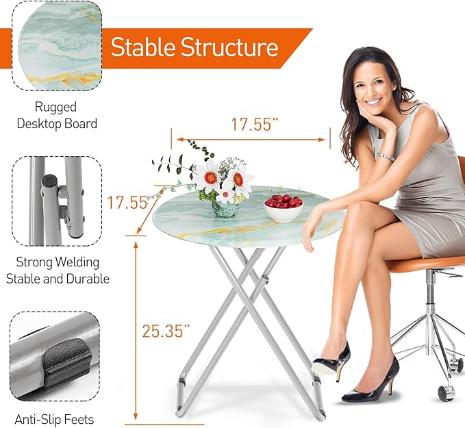 Folding TV Trays, Round Tray Table, Small Foldable Table with Light Weight, Portable Dinner Table for Eating, Snack Side Trays Table, 17.5 x 17.5 x 26 in (Ocean Blue Marble)