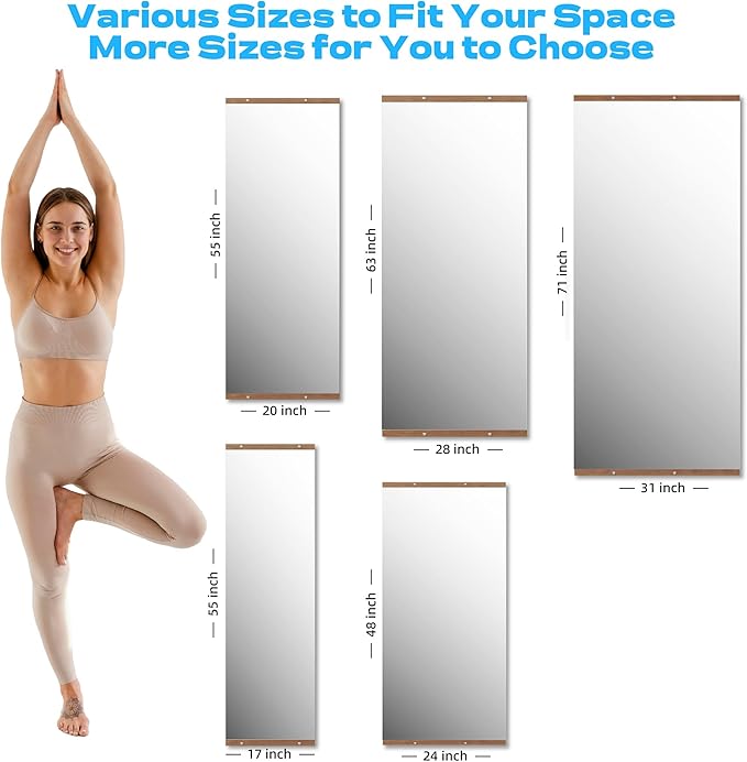 Hasipu 3Pcs 48''x24'' Home Gym Mirror Large Full Length Wall Mounted Full Body Mirror for Yoga Dance Fitness Exercise Studio Bedroom Garage, Frameless Tempered Glass Workout Mirrors Walnut Rectangular