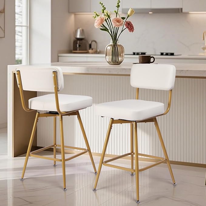 Swivel Counter Height Bar Stools Set of 2, Faux Leather Bar Stools with Back, Metal Legs and Footrest, 26" Seat Height Barstools for Kitchen Islands and Home Bars, Easy Assembly, White&Gold