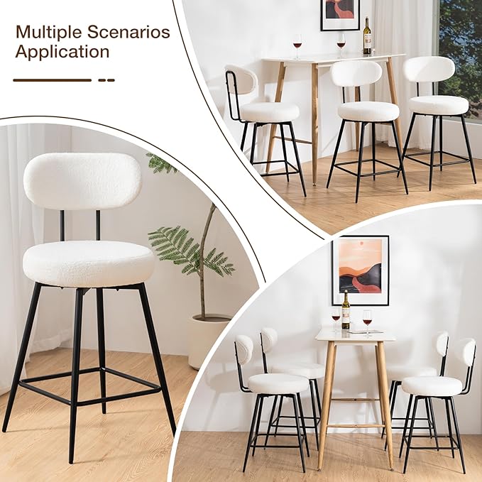 HOMMPA Swivel Bar Stools Set of 3 Counter Height Bar Stools Chiars 26'' Boucle Upholstered Modern Counter Barstools with Back Metal Legs Bar Chairs for Kitchen Counter Island White