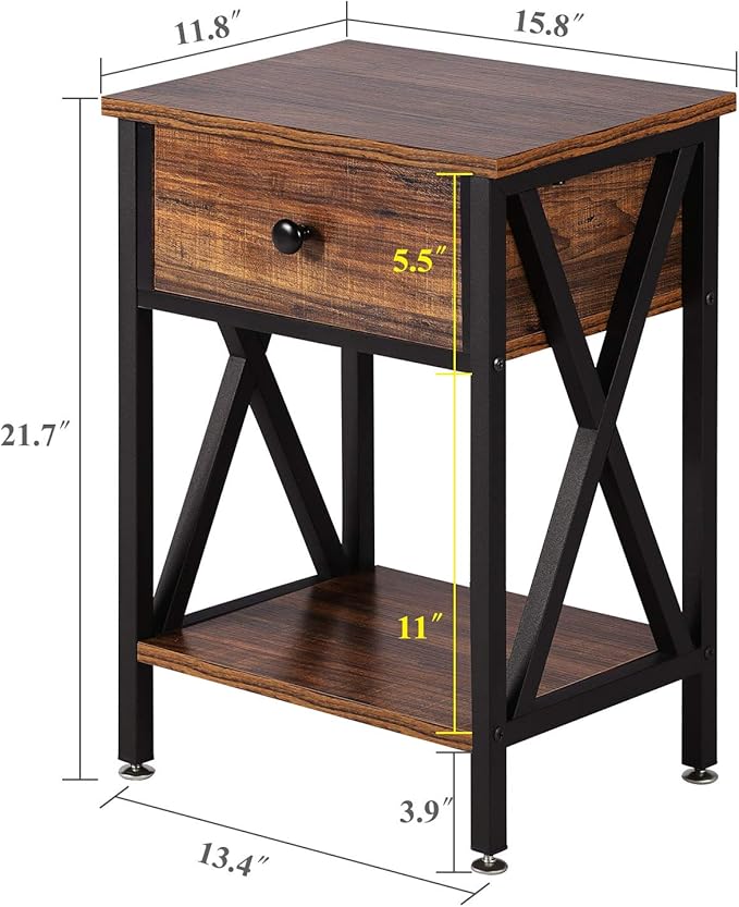 VECELO Nightstands Set of 2, Modern Bedside End Tables, Night Stands with Drawer and Storage Shelf for Living Room Bedroom, Industrial Metal Frame
