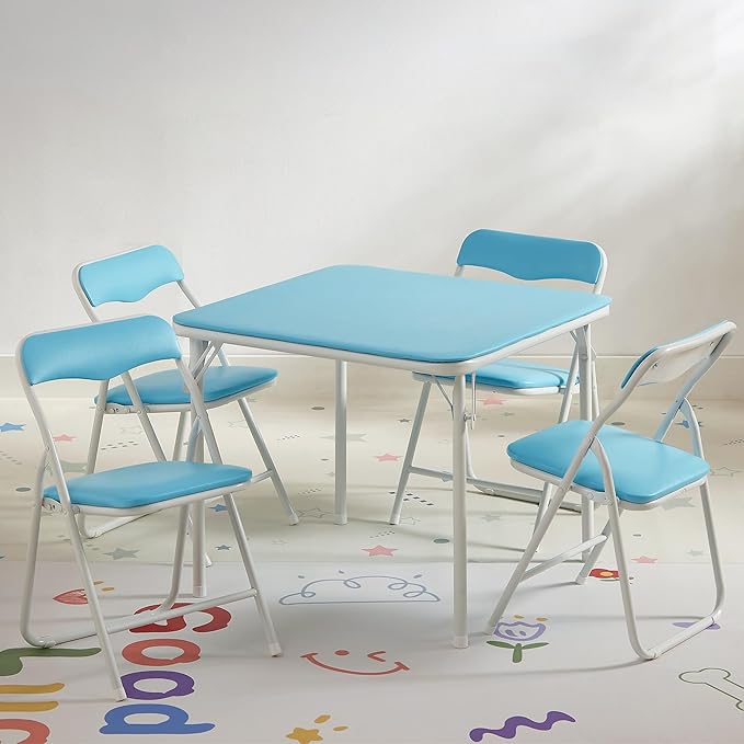 VECELO Folding Activity Table and Chairs 5 Pcs, Portable, with Ultra Soft Padded Cushion, 5 Piece Set, Baby Blue