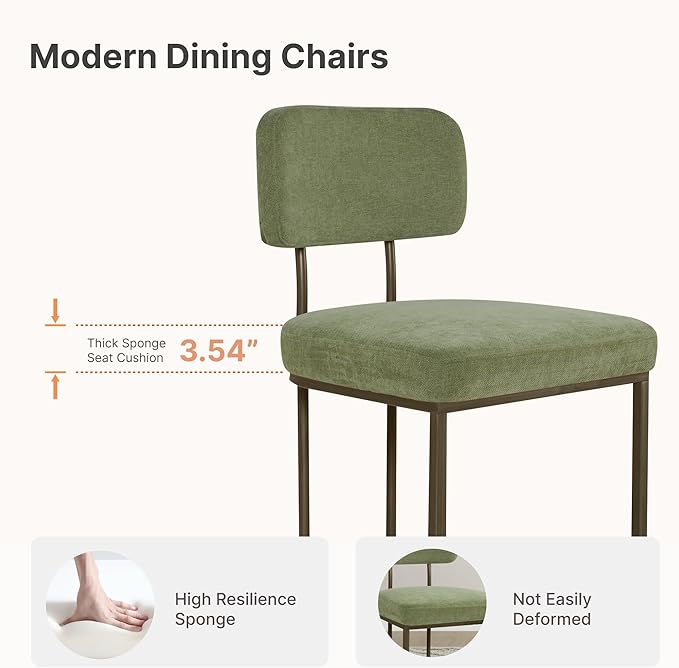 Dining Chairs Set of 6, Upholstered Modern Kitchen Chairs with Ergonomic Backrest, Fabric Cushion Seat & Metal Legs for Living Room, Restaurant, and Café, Green, 2Boxs