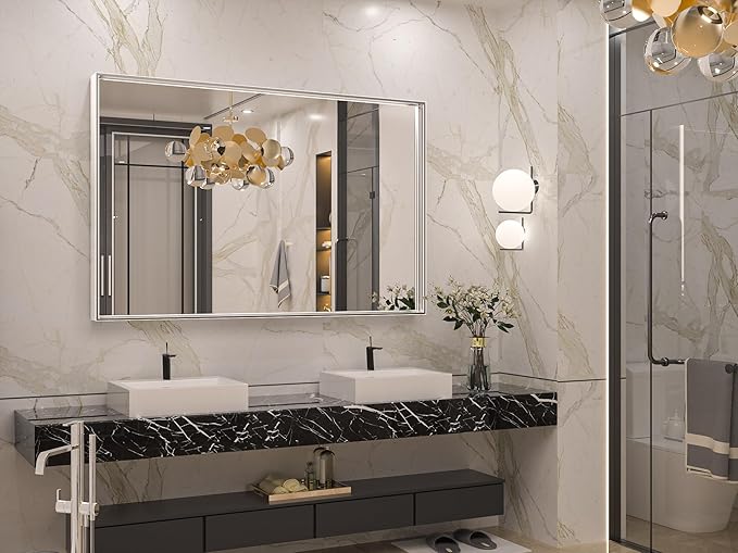 Keonjinn Silver Bathroom Mirror 55 x 36 Inch Large Rectangle Wall Mirror for Vanity Metal Framed Farmhouse Mirror Square Corner Modern Rectangular Mirror for Bathroom Sink(Horizontal/Vertical)