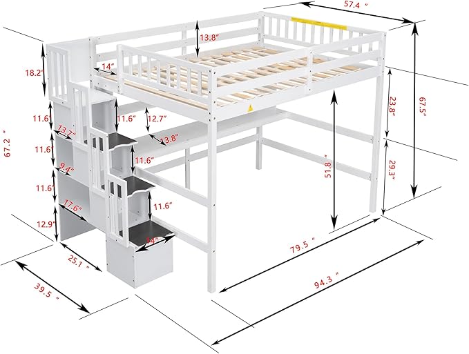 HomSof Full Size Loft Bed with Built-in Desk, Bookshelves and Storage Staircase,White