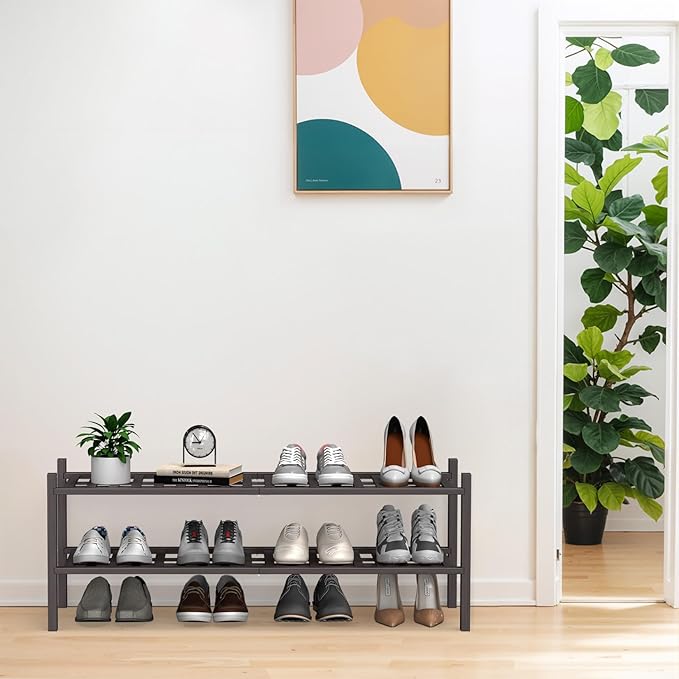 Haddockway Long 2 Tier Bamboo Shoe Rack Storage Organizer, Multifunctional Free Standing Stackable Shoe Shelf with Grid Panel for Closet,Hallway,Entryway,Small Space 34.2"x11"x13"(Brown, 2-Tier(Long))