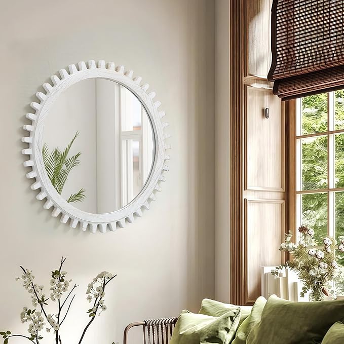 ULIKE Round Wood Mirror, 24 Inch Rustic Farmhouse Circle Mirror with Wooden Frame, Mordern Wall Decor for Bathroom Nursery Bedroom Living Room Entryway, White