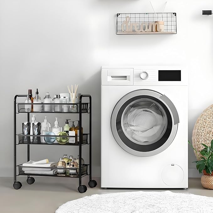 3 Tier Rolling Cart, Mesh Wire Utility Carts, Metal Storage Shelf with Wheels & 4 Side Hooks, for Laundry Room Organization, Kitchen, Living Room, Bathroom, Pantry, Dorm & Under Desk Storage