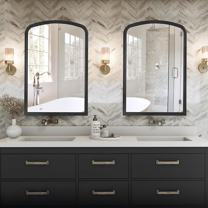 HOMECOOKIN Wood Arched Mirror for Bathroom, 20" x 30" Farmhouse Rustic Arched Wall Mirror Wood Framed Vanity Mirror for Home Decor Entryway Living Room (Black)