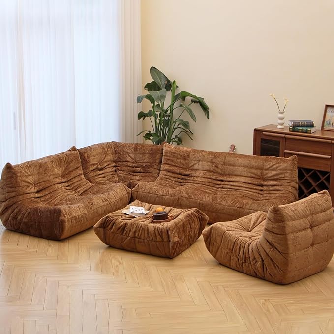 N&V Fireside Chair, Mid Century Armless Floor Sofa, Soft Premium Chenille Floor Lounge Chair, Foam Sofa Accent Chair for Living Room Bedroom and Office (Brown, Ottoman)