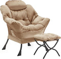 Lazy Chair with Folding Ottoman, Accent Chair Velvet Upholstered with Metal Structure and Non-Slip Pads, Sofa Armchair with Footrest and Side Storage Bag for Dorm, Room, Office, Khaki