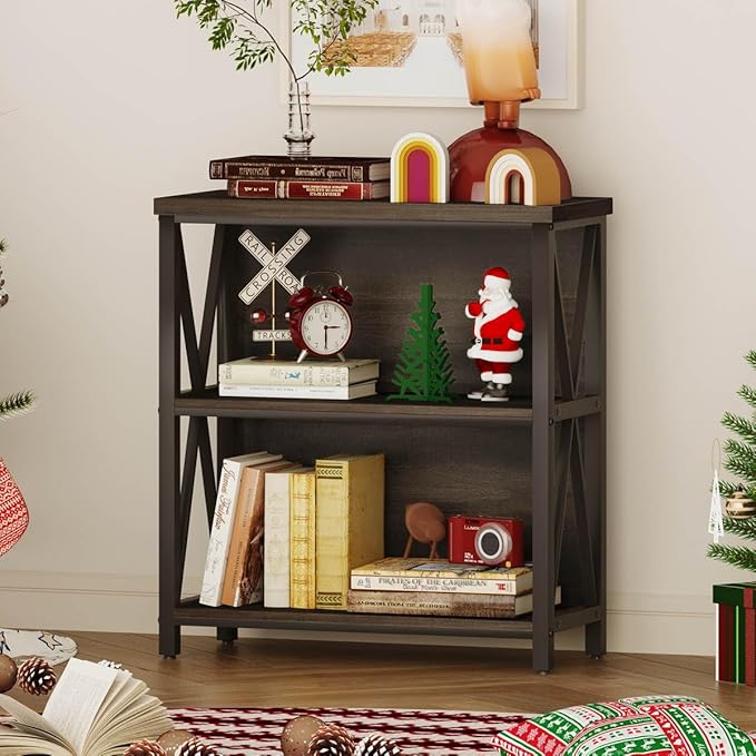 FATORRI Rustic Small 3 Shelf Bookshelf for Living Room, Industrial Low Wood Bookcase, Farmhouse Short Book Shelf for Small Space (Walnut Brown)