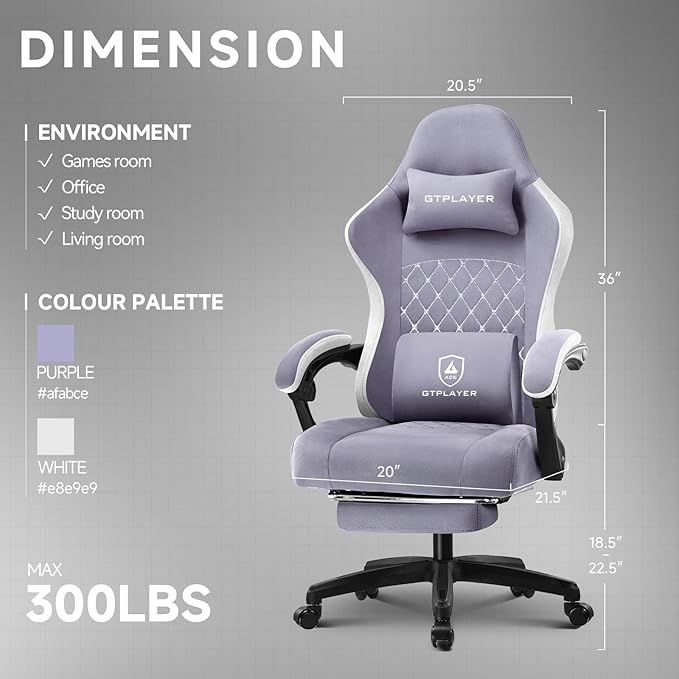 GTPLAYER Office Chair, Gaming Computer Desk Fabric Chair with Footrest, High Back Ergonomic Office Chair with Pocket Spring Lumbar Support and Linkage Armrests Adjustable Height Swivel for Home Task