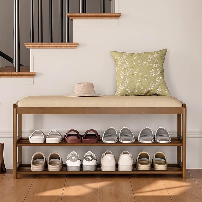 2-Tier Bamboo Shoe Bench with Cushion and Hidden Drawer, Entryway Shoe Rack Organizer with Storage for Hallway, Bedroom, Front Door, Mudroom Seating Bench, Walnut